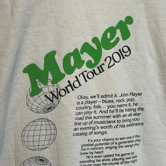 2019 john mayer world tour merch concert t-shirt unisex MED short sleeve - Picture 1 of 9